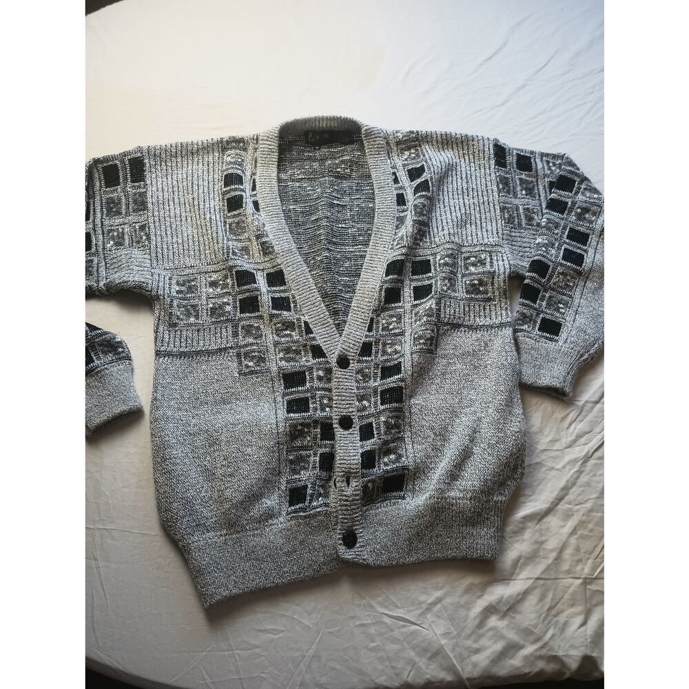 LR by Leroy Mens Cardigan 3D Print Black gray square 4 button wool blend Medium